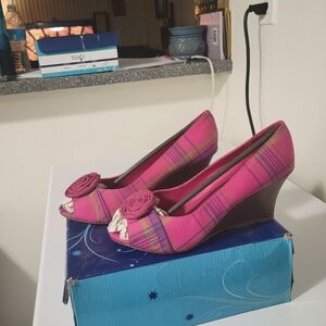 Rouge! Pink Plaid Wedges with Floral Detail